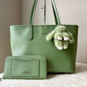 Coach Top Zip tote bag in green with wallet and bunny charm